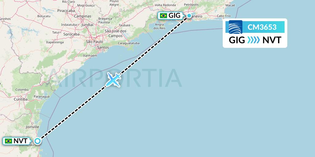 CM3653 Copa Airlines Flight Map: Rio de Janeiro to Navegantes