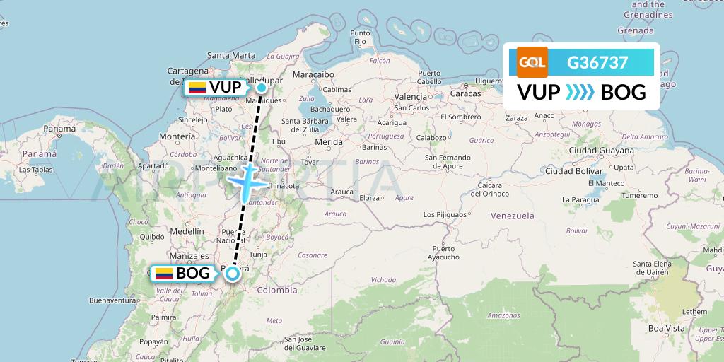 G36737 GOL Transportes Aeros Flight Map: Valledupar to Bogota