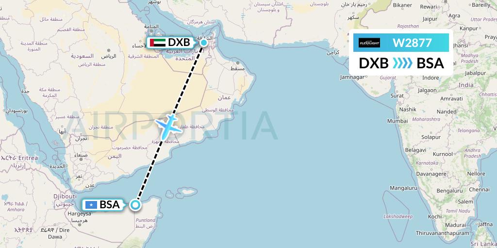 W2877 Flex Flight Flight Map: Dubai to Bosaso