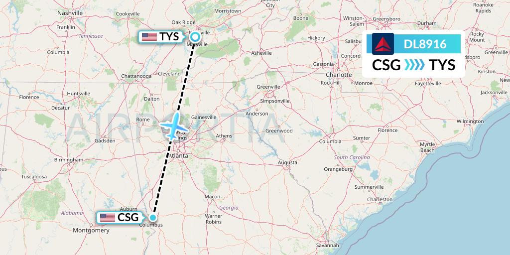 DL8916 Delta Air Lines Flight Map: Columbus to Knoxville