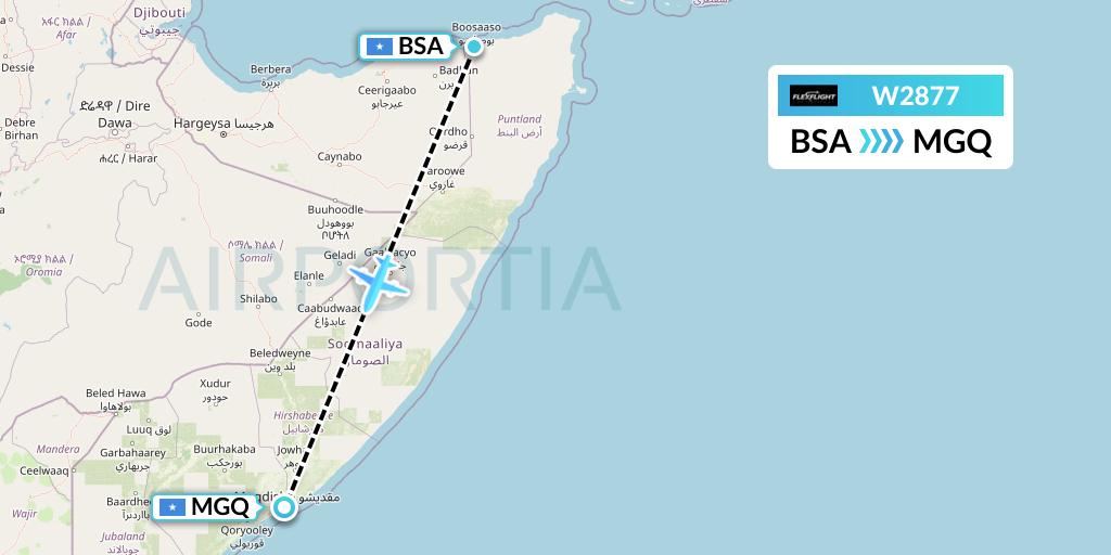 W2877 Flex Flight Flight Map: Bosaso to Mogadishu