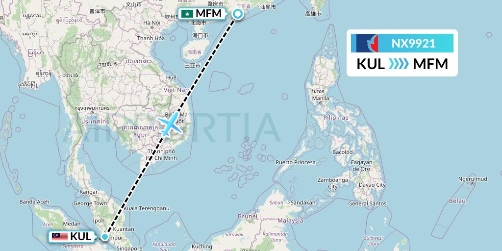 NX9921 Air Macau Flight Map: Kuala Lumpur to Macau