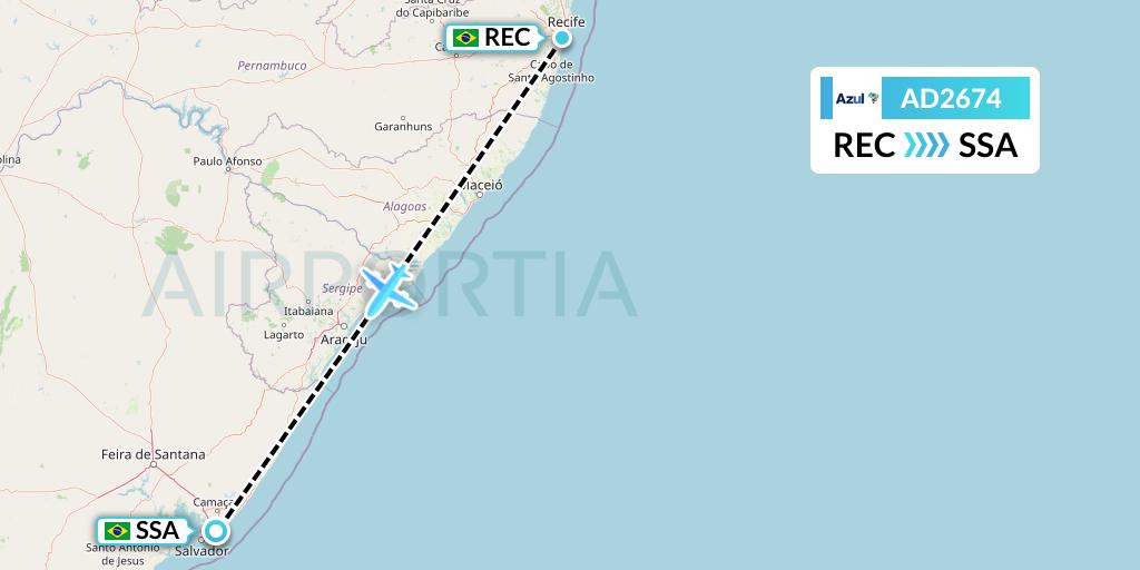 AD2674 Azul Brazilian Airlines Flight Map: Recife to Salvador