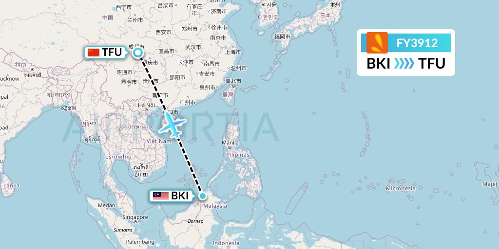 FY3912 Firefly Flight Map: Kota Kinabalu to Chengdu