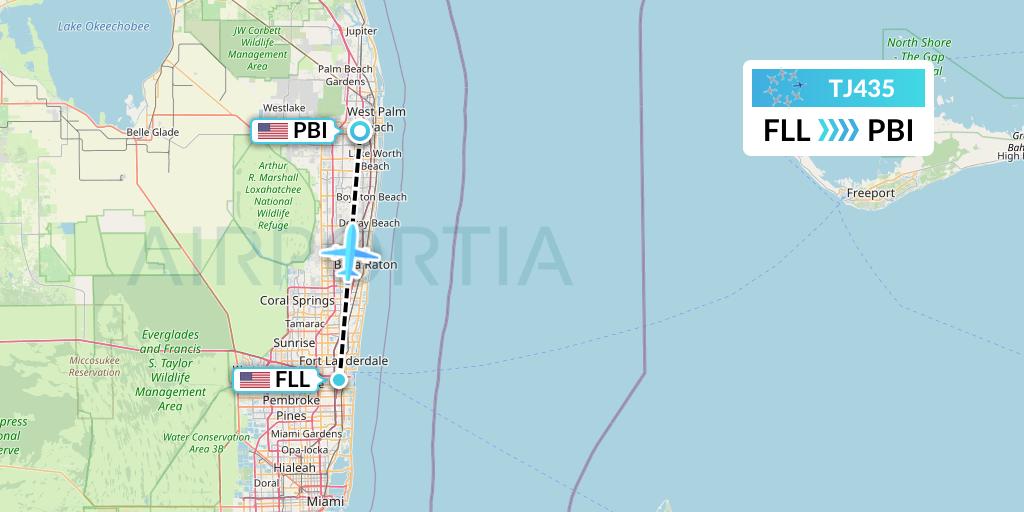 TJ435 Tradewind Aviation Flight Map: Fort Lauderdale to West Palm Beach