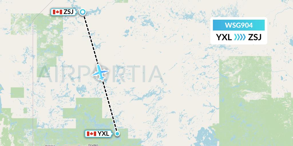 WSG904 Wasaya Airways Flight Map: Sioux Lookout to Sandy Lake