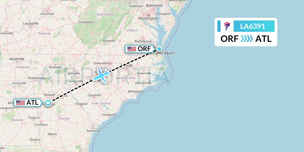 LA6391 LAN Airlines Flight Map: Norfolk to Atlanta