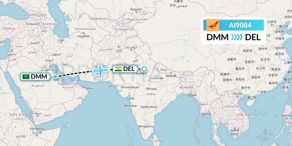 AI9084 Air India Flight Map: Dammam to Delhi