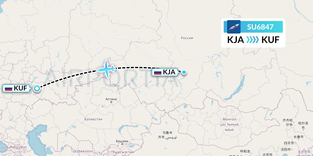 SU6847 Aeroflot Flight Map: Krasnoyarsk to Samara