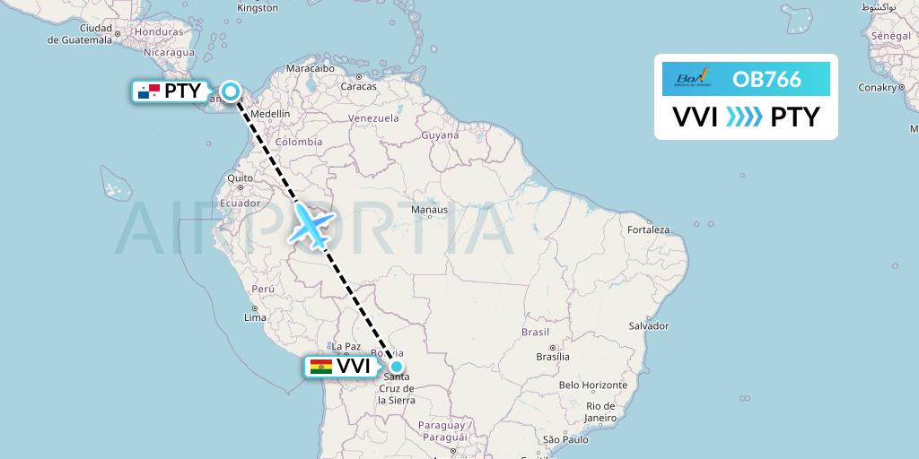OB766 Boliviana de Aviacion Flight Map: Santa Cruz to Panama City