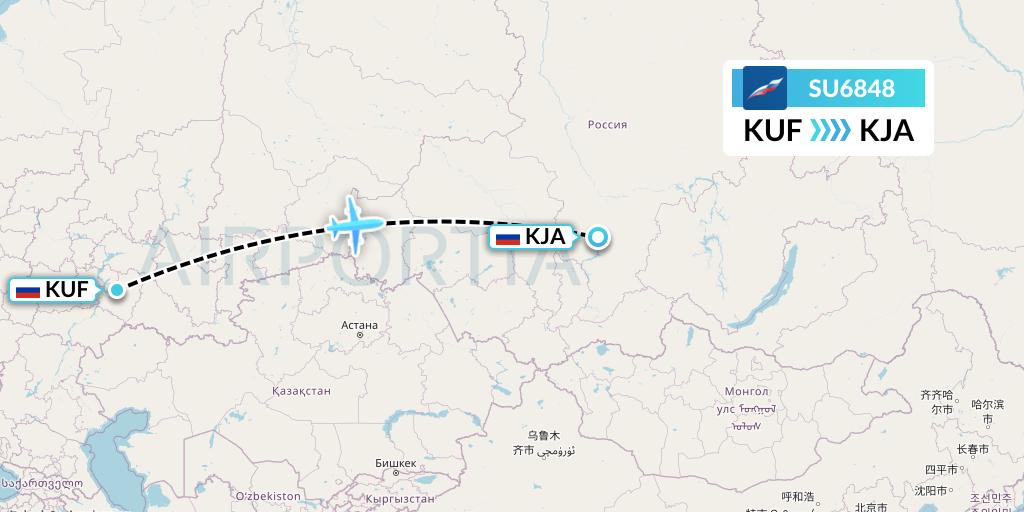 SU6848 Aeroflot Flight Map: Samara to Krasnoyarsk