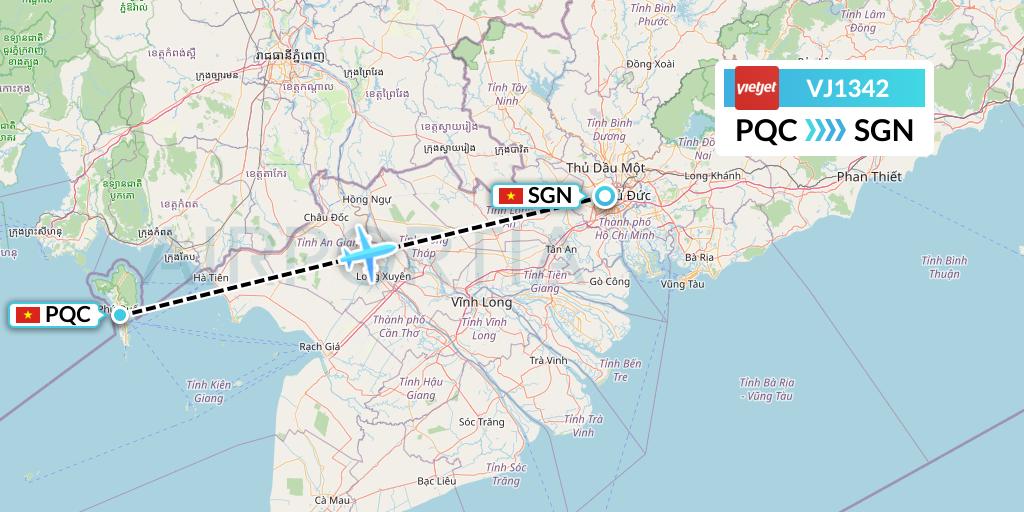 VJ1342 VietJet Air Flight Map: Phu Quoc to Ho Chi Minh City