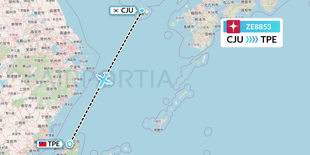 ZE8853 Eastar Jet Flight Map: Jeju to Taipei