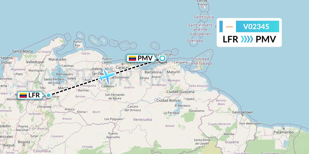 V02345 Conviasa Flight Map: Venezuela to Porlamar