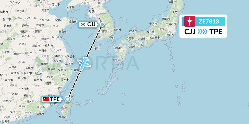 ZE7813 Eastar Jet Flight Map: Cheongju to Taipei