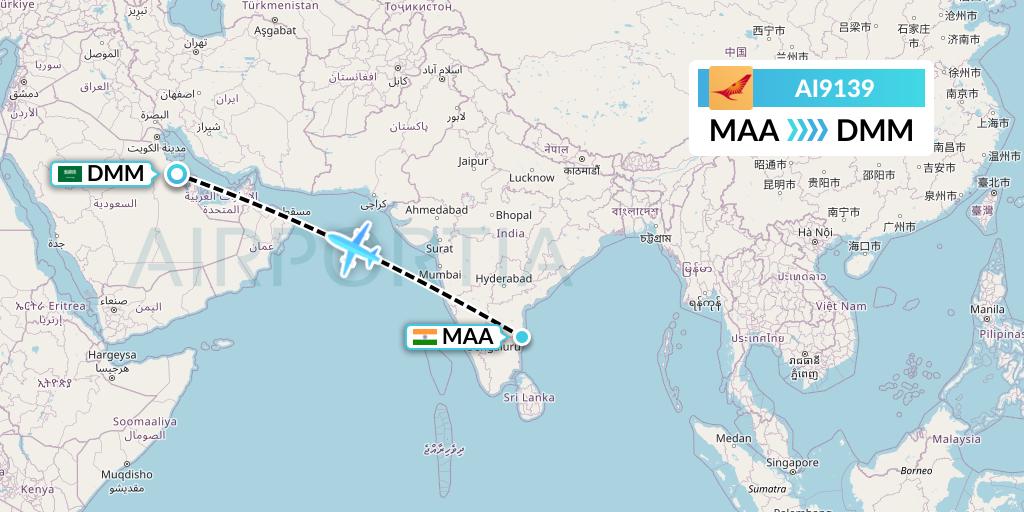 AI9139 Air India Flight Map: Chennai to Dammam