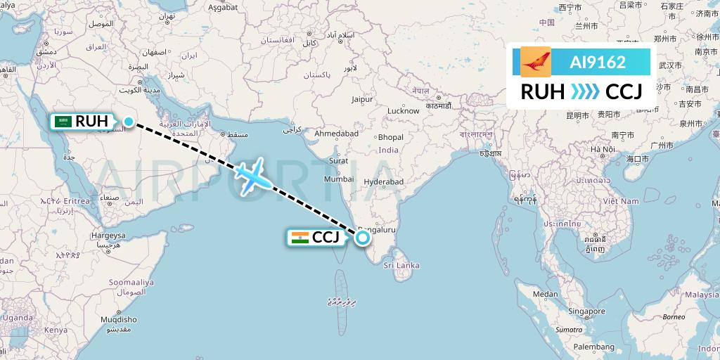AI9162 Air India Flight Map: Riyadh to Kozhikode
