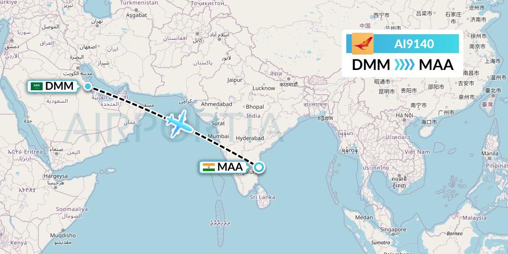 AI9140 Air India Flight Map: Dammam to Chennai