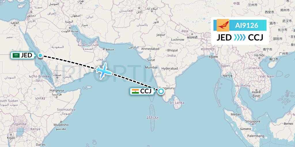 AI9126 Air India Flight Map: Jeddah to Kozhikode