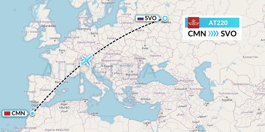 AT220 Royal Air Maroc Flight Map: Casablanca to Moscow