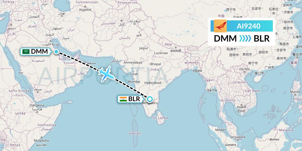 AI9240 Air India Flight Map: Dammam to Bangalore