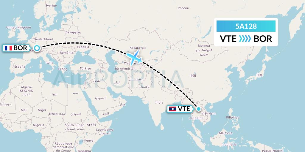5A128 Alpine Air Express Flight Map: Vientiane to Belfort
