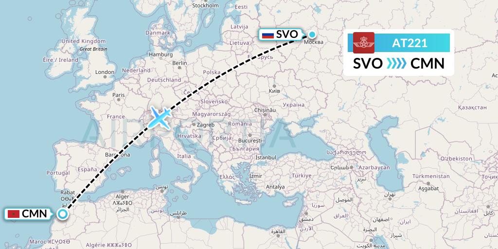AT221 Royal Air Maroc Flight Map: Moscow to Casablanca