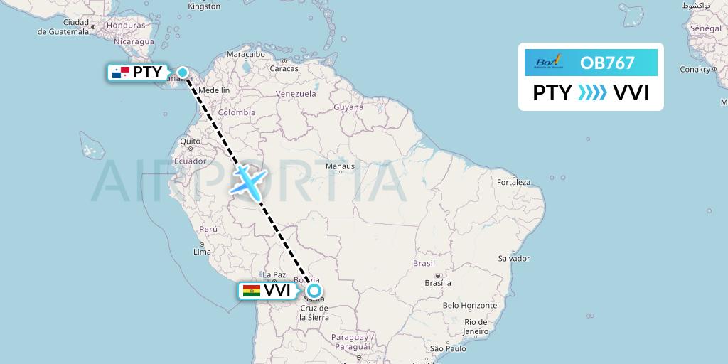 OB767 Boliviana de Aviacion Flight Map: Panama City to Santa Cruz