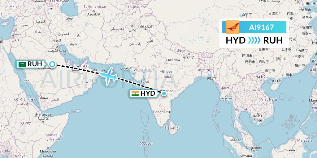 AI9167 Air India Flight Map: Hyderabad to Riyadh