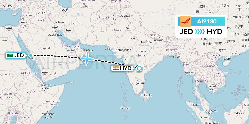 AI9130 Air India Flight Map: Jeddah to Hyderabad
