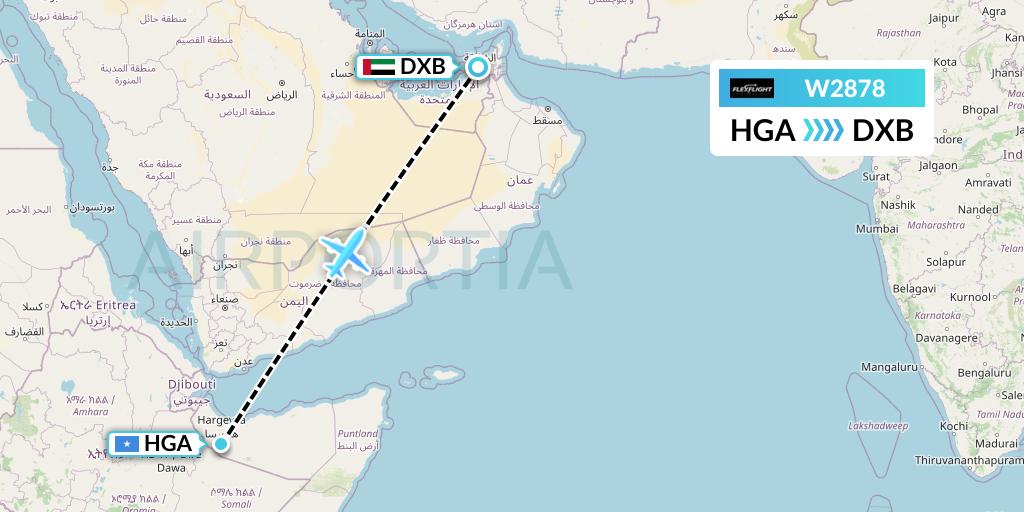 W2878 Flex Flight Flight Map: Hargeisa to Dubai