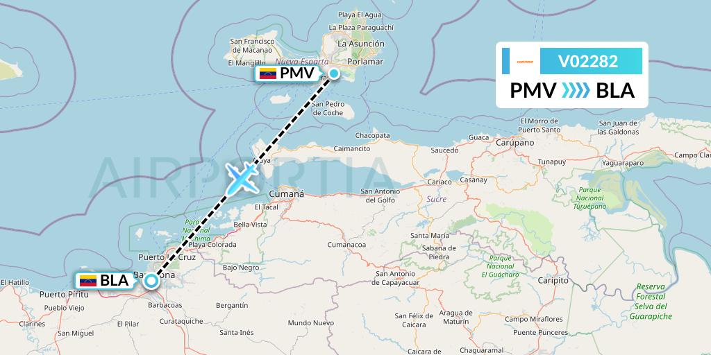 V02282 Conviasa Flight Map: Porlamar to Barcelona