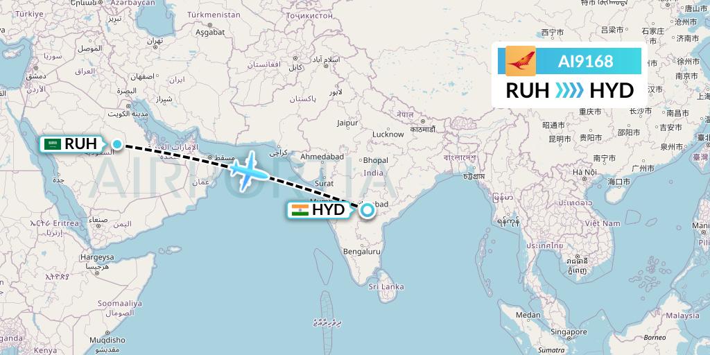 AI9168 Air India Flight Map: Riyadh to Hyderabad