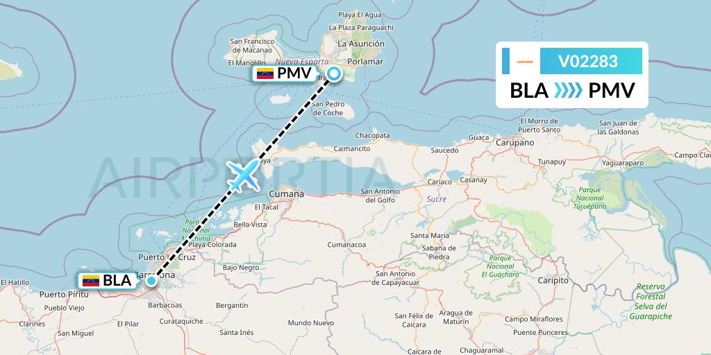 V02283 Conviasa Flight Map: Barcelona to Porlamar