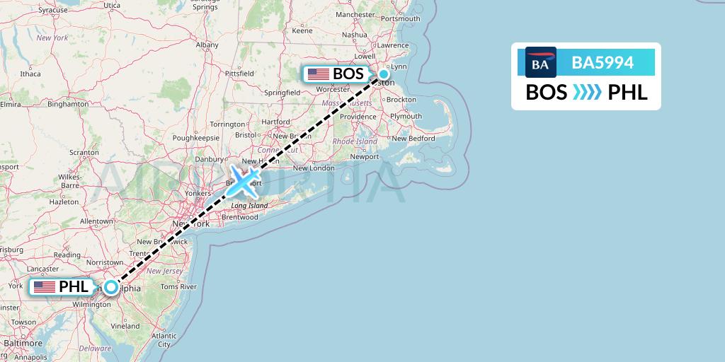BA5994 British Airways Flight Map: Boston to Philadelphia