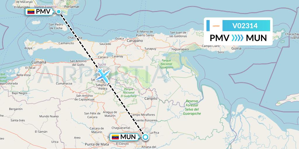 V02314 Conviasa Flight Map: Porlamar to Maturin