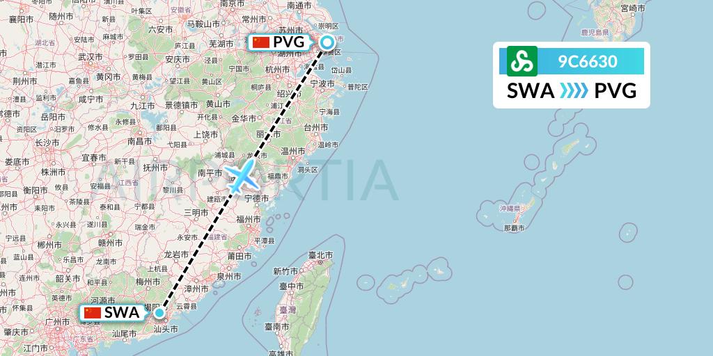 9C6630 Spring Airlines Flight Map: Jieyang to Shanghai