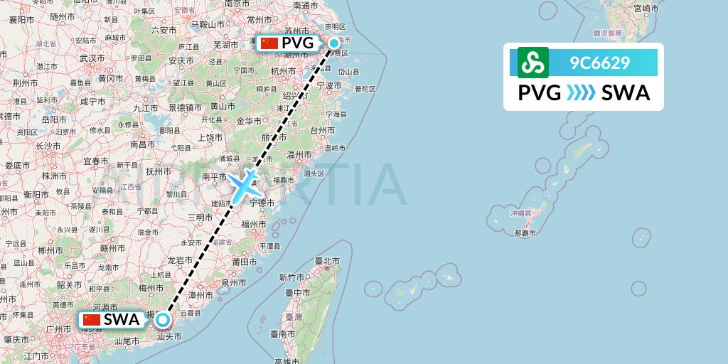 9C6629 Spring Airlines Flight Map: Shanghai to Jieyang
