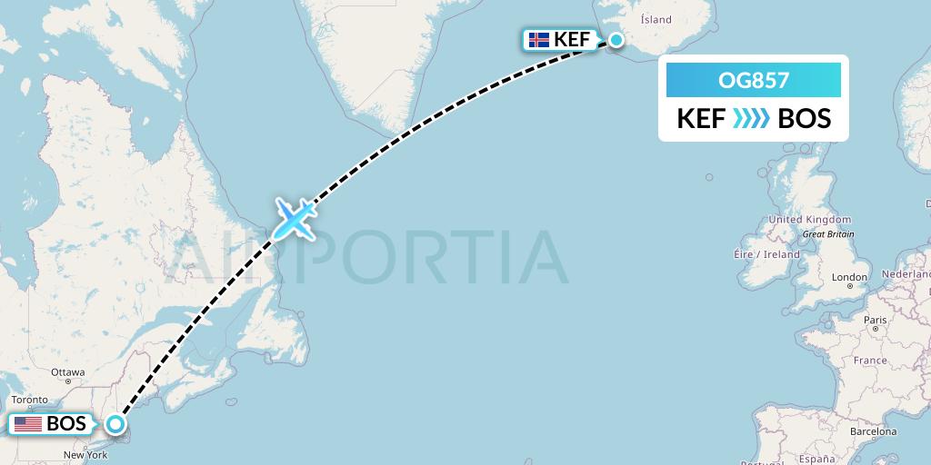 OG857 Fly Play Flight Map: Reykjavik to Boston