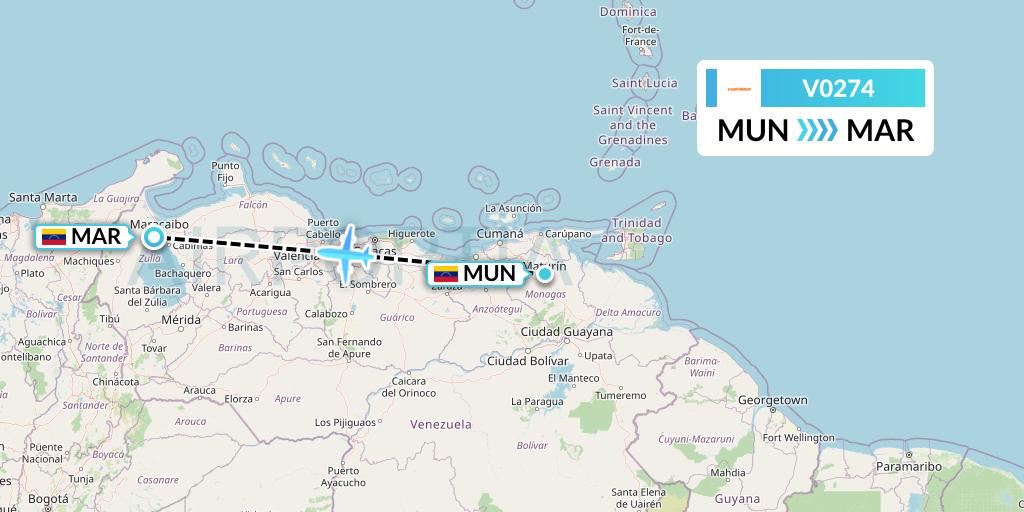 V0274 Conviasa Flight Map: Maturin to Maracaibo