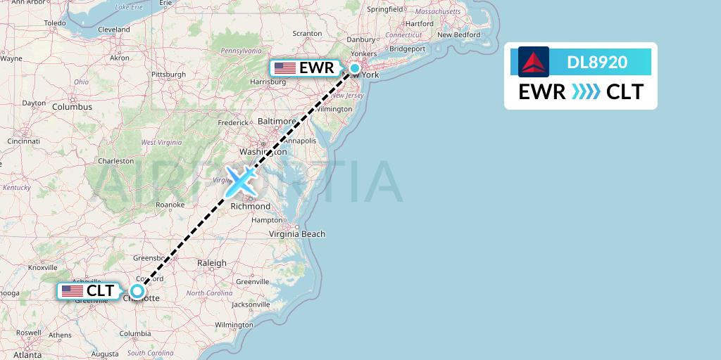DL8920 Delta Air Lines Flight Map: New York to Charlotte