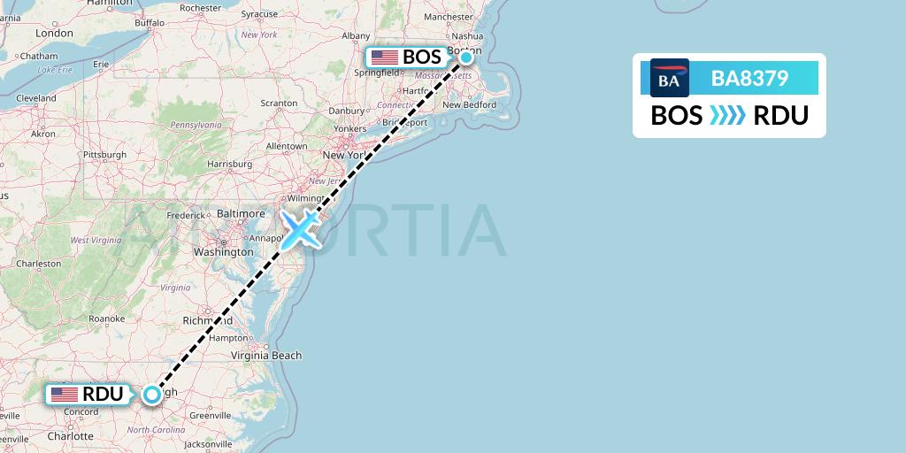 BA8379 British Airways Flight Map: Boston to Raleigh-Durham