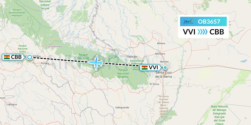 OB3657 Boliviana de Aviacion Flight Map: Santa Cruz to Cochabamba