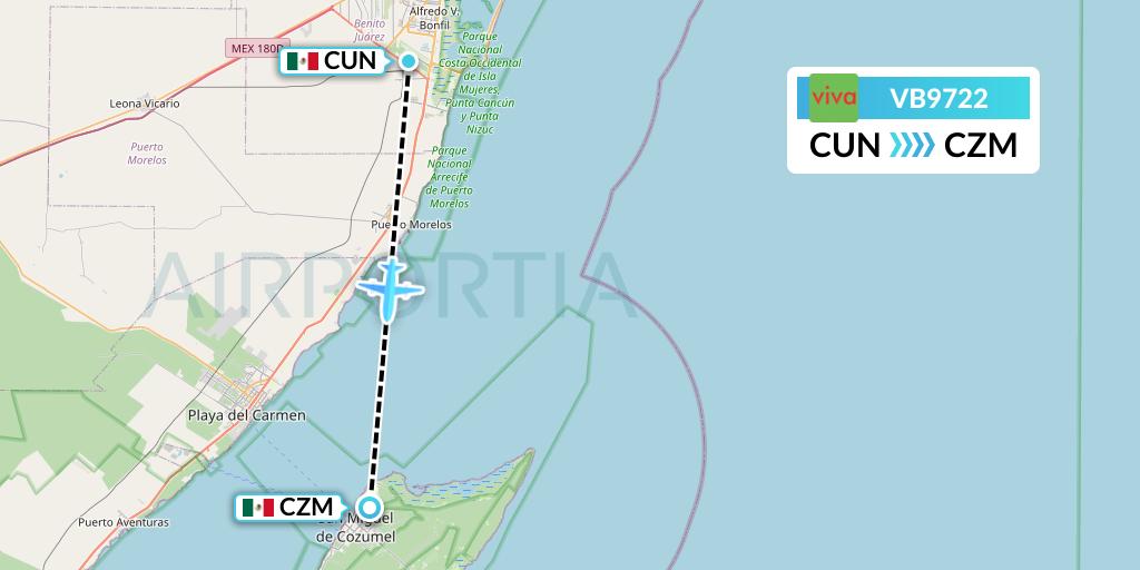 VB9722 VivaAerobus Flight Map: Cancun to Cozumel