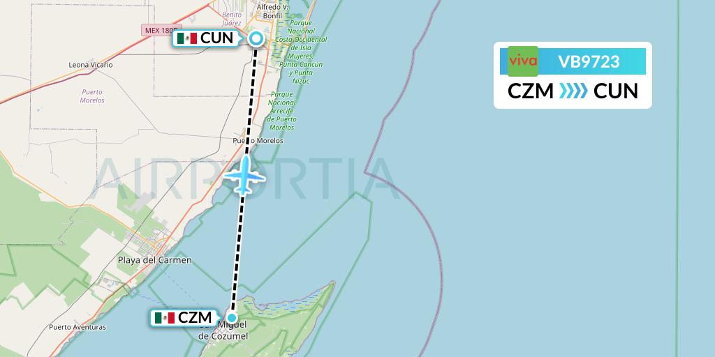 VB9723 VivaAerobus Flight Map: Cozumel to Cancun