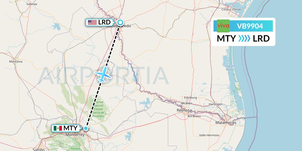 VB9904 VivaAerobus Flight Map: Monterrey to Laredo