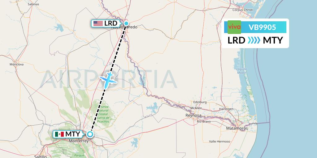 VB9905 VivaAerobus Flight Map: Laredo to Monterrey