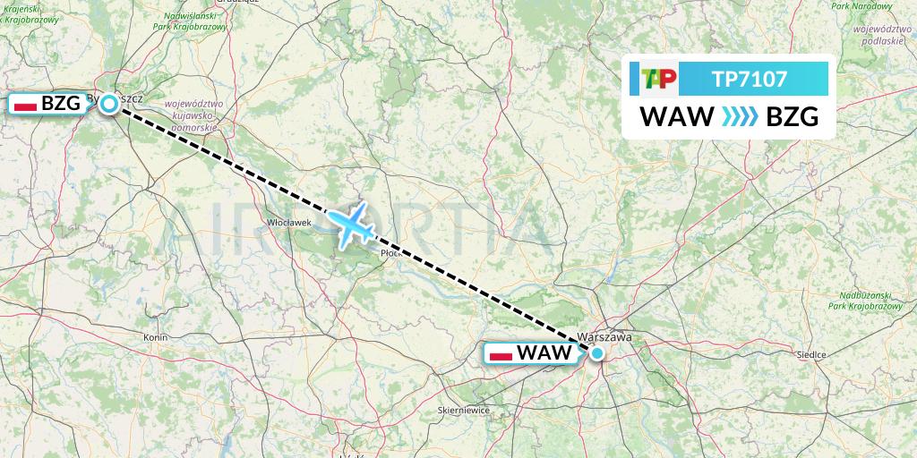 TP7107 TAP Portugal Flight Map: Warsaw to Bydgoszcz