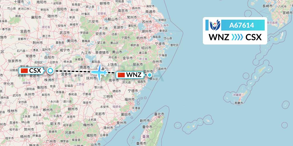 A67614 Hongtu Airlines Flight Map: Wenzhou to Changsha