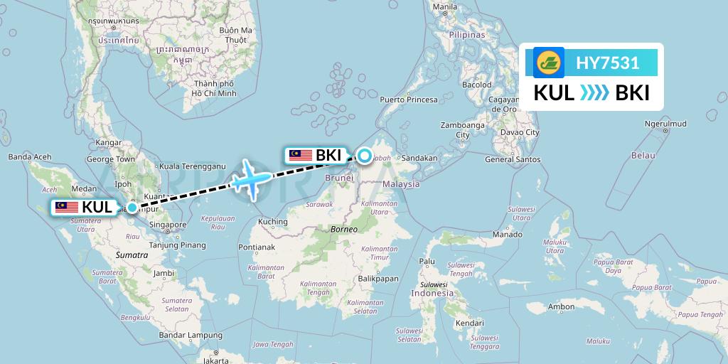 HY7531 Uzbekistan Airways Flight Map: Kuala Lumpur to Kota Kinabalu